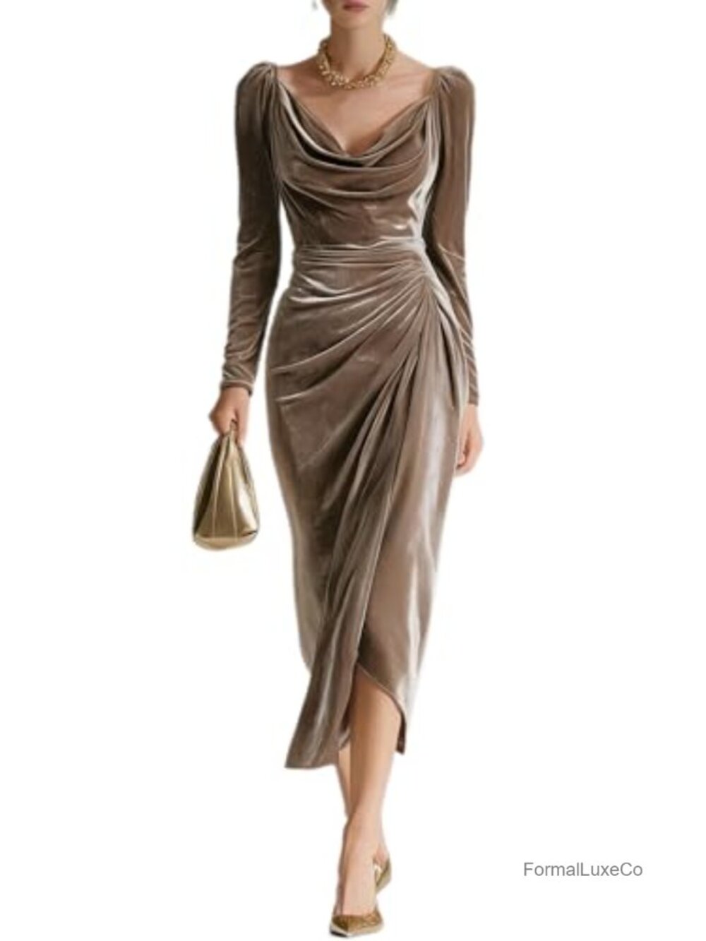 Velvet Cocktail Midi Dress Cowl Neck Long Sleeve Ruched Slit Bodycon
